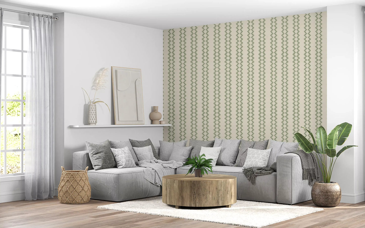 Relaxed living room paired with sage green ornament stripes wallpaper