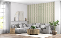 Relaxed living room paired with sage green ornament stripes wallpaper