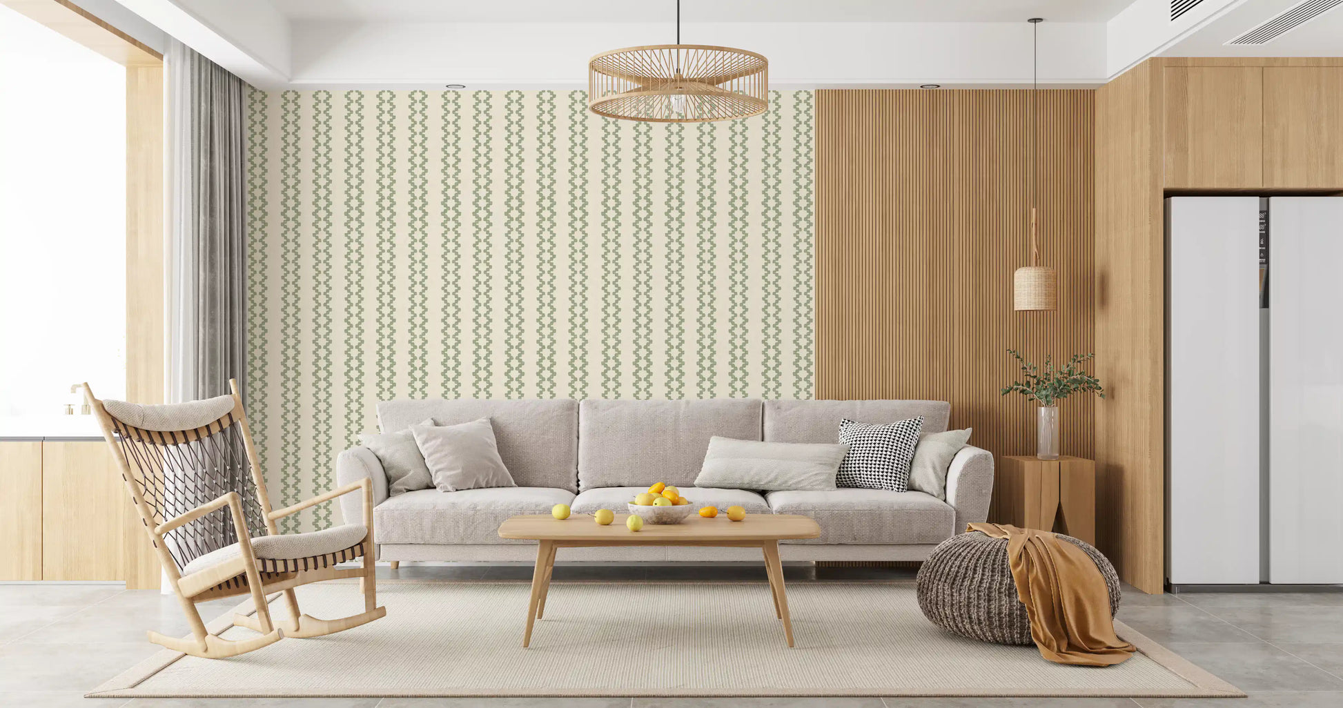 Coastal green zigzag blocks stack into ornament stripes on this calm wallpaper.