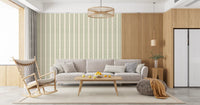 Coastal green zigzag blocks stack into ornament stripes on this calm wallpaper.