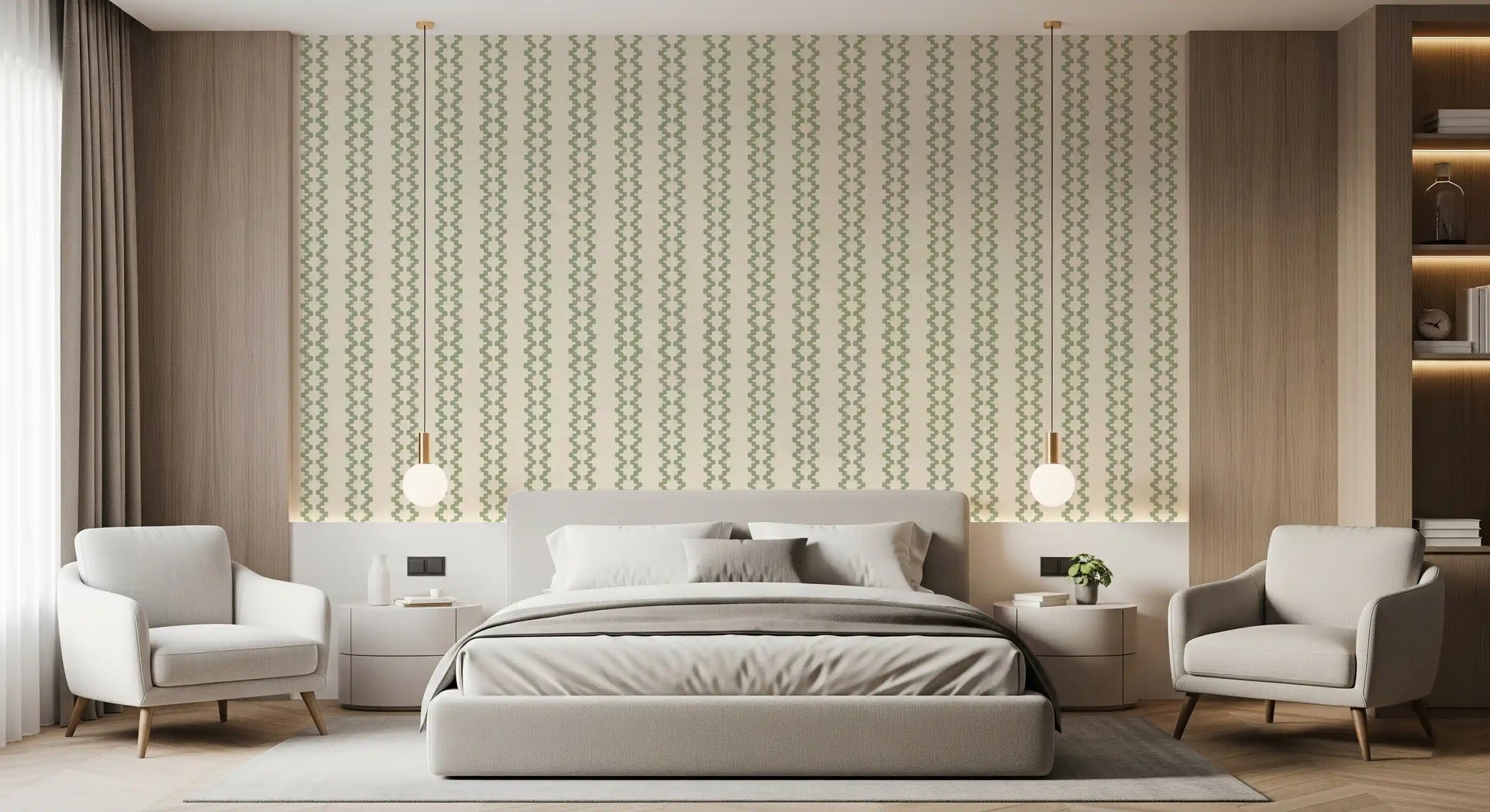 Vertical sage green ornament stripes on a cream linen-textured zellige wallpaper.
