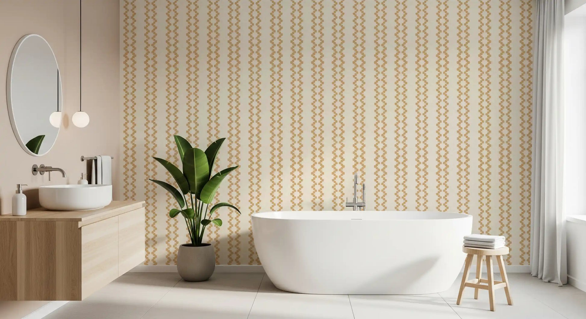 A subtle linen texture sits behind the stripes in this zellige wallpaper.