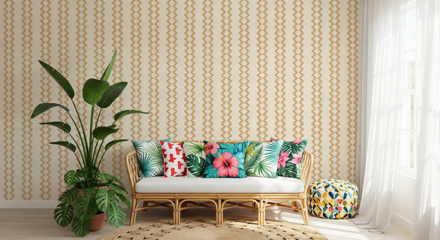 Stepped ornament shapes stack into vertical stripes in this sand wallpaper.