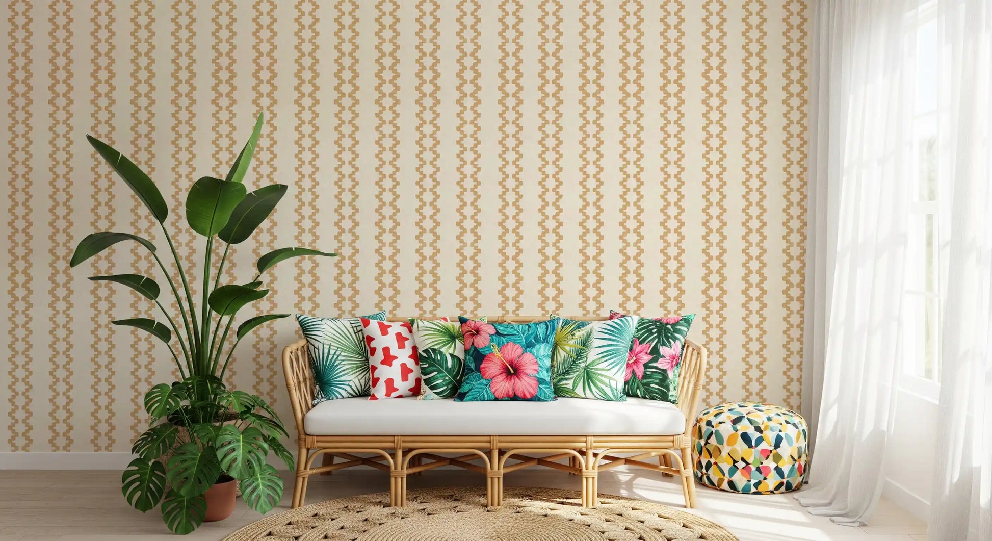 Stepped ornament shapes stack into vertical stripes in this sand wallpaper.