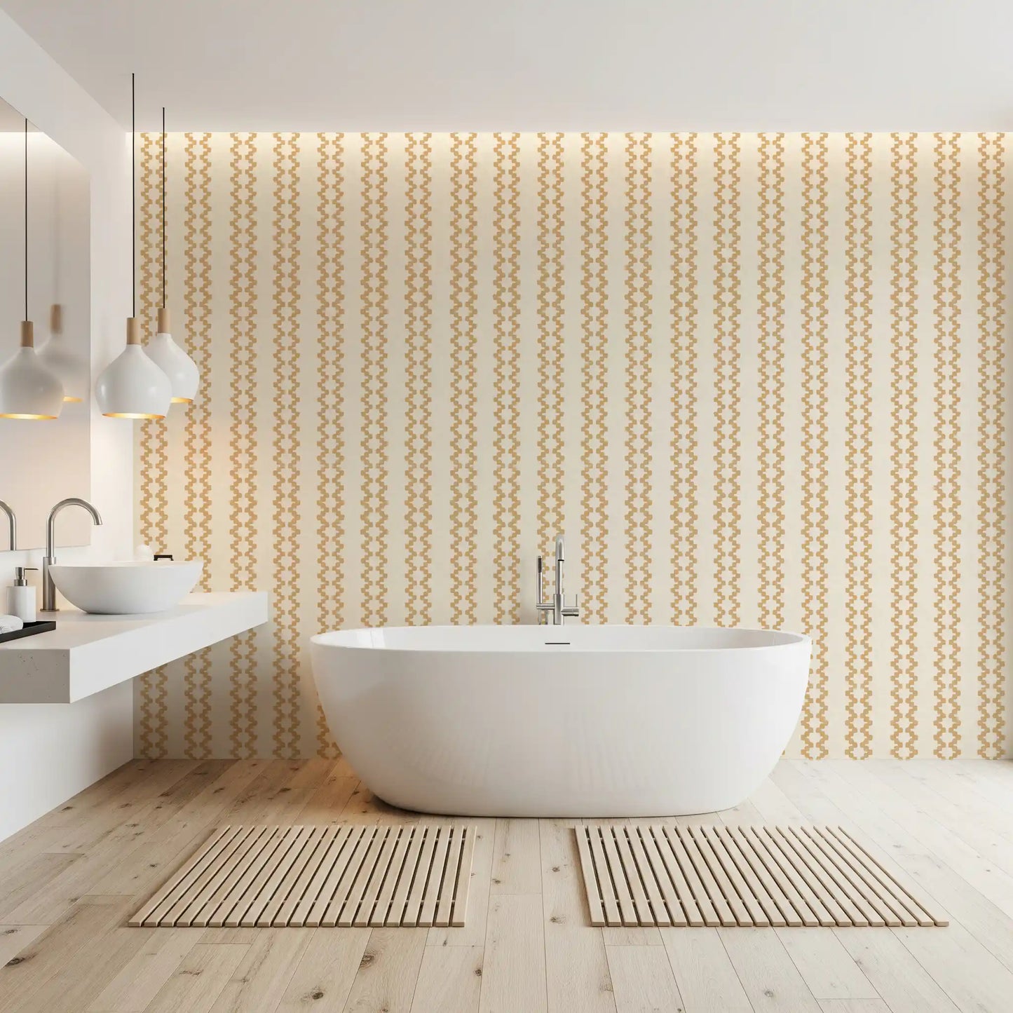 Zellige striped wallpaper shows warm sand ornament over a cream linen base.
