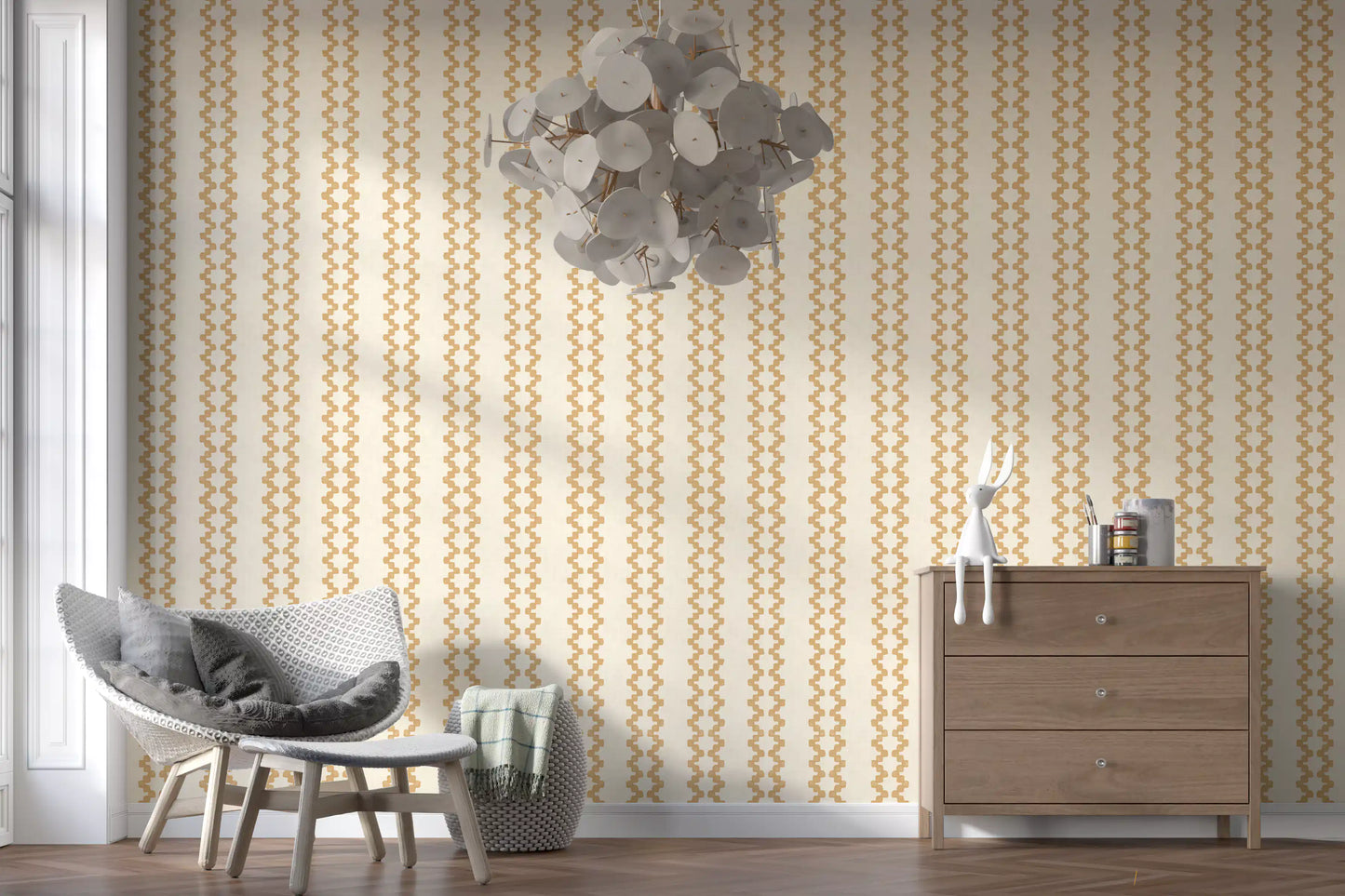 Gentle zellige ornament relaxes this Hallway corner with warm striped wallpaper tones.