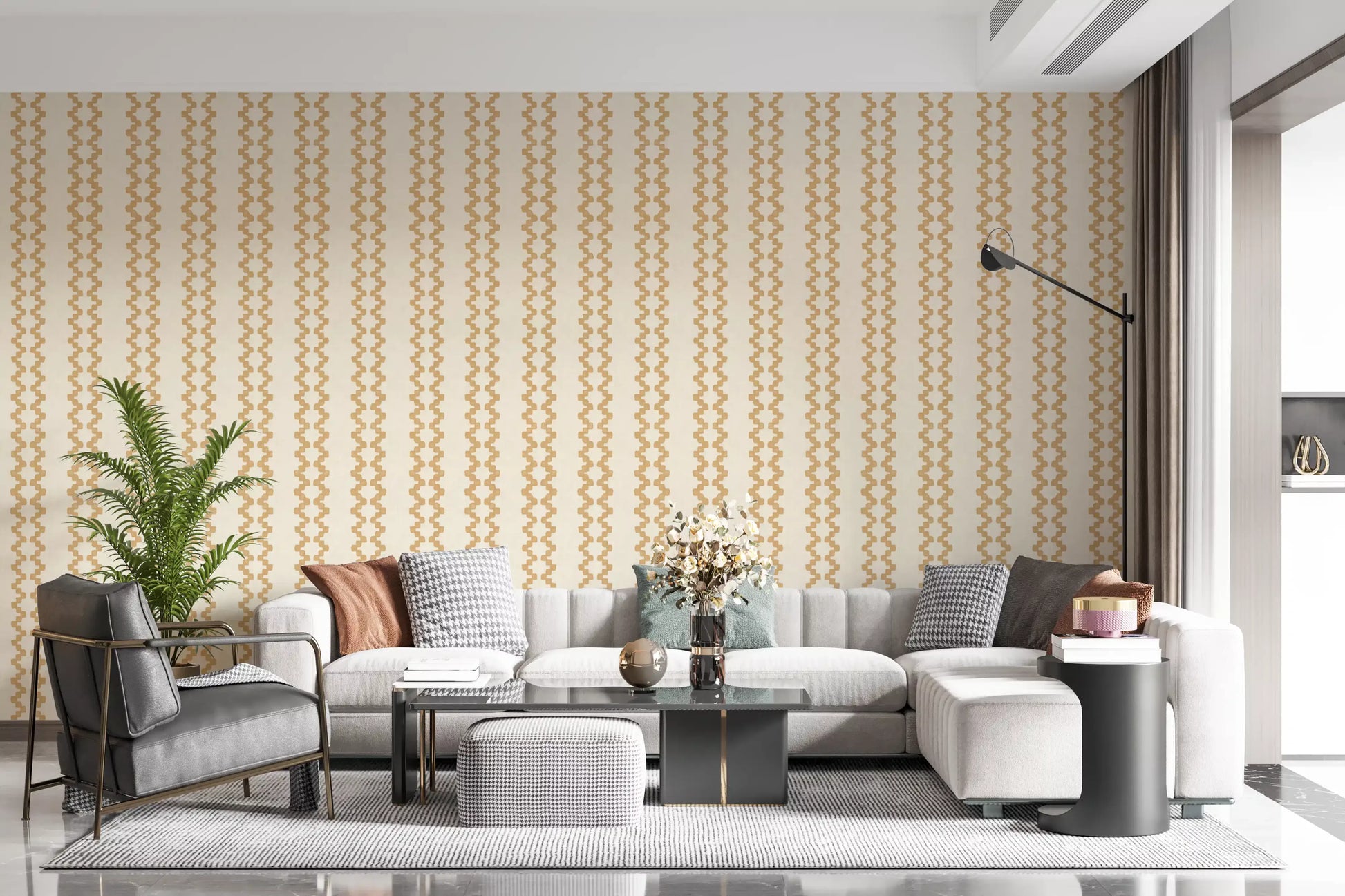 A warm sand palette lifts this Living room with zellige striped wallpaper.