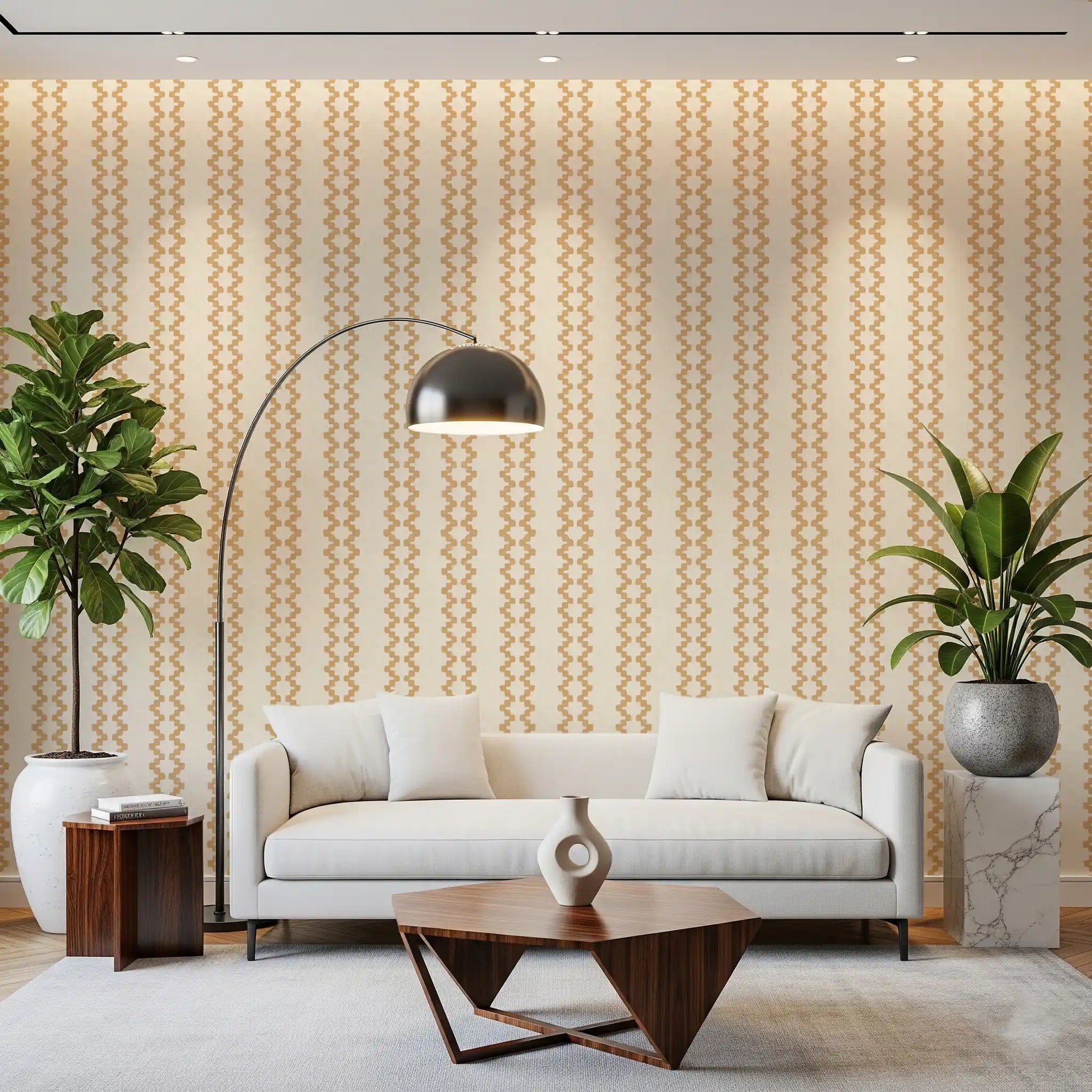 A calm striped backdrop suits this Hallway with warm zellige wallpaper tones.