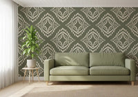 Block ornament wallpaper in palm green with ivory dotted diamond clusters