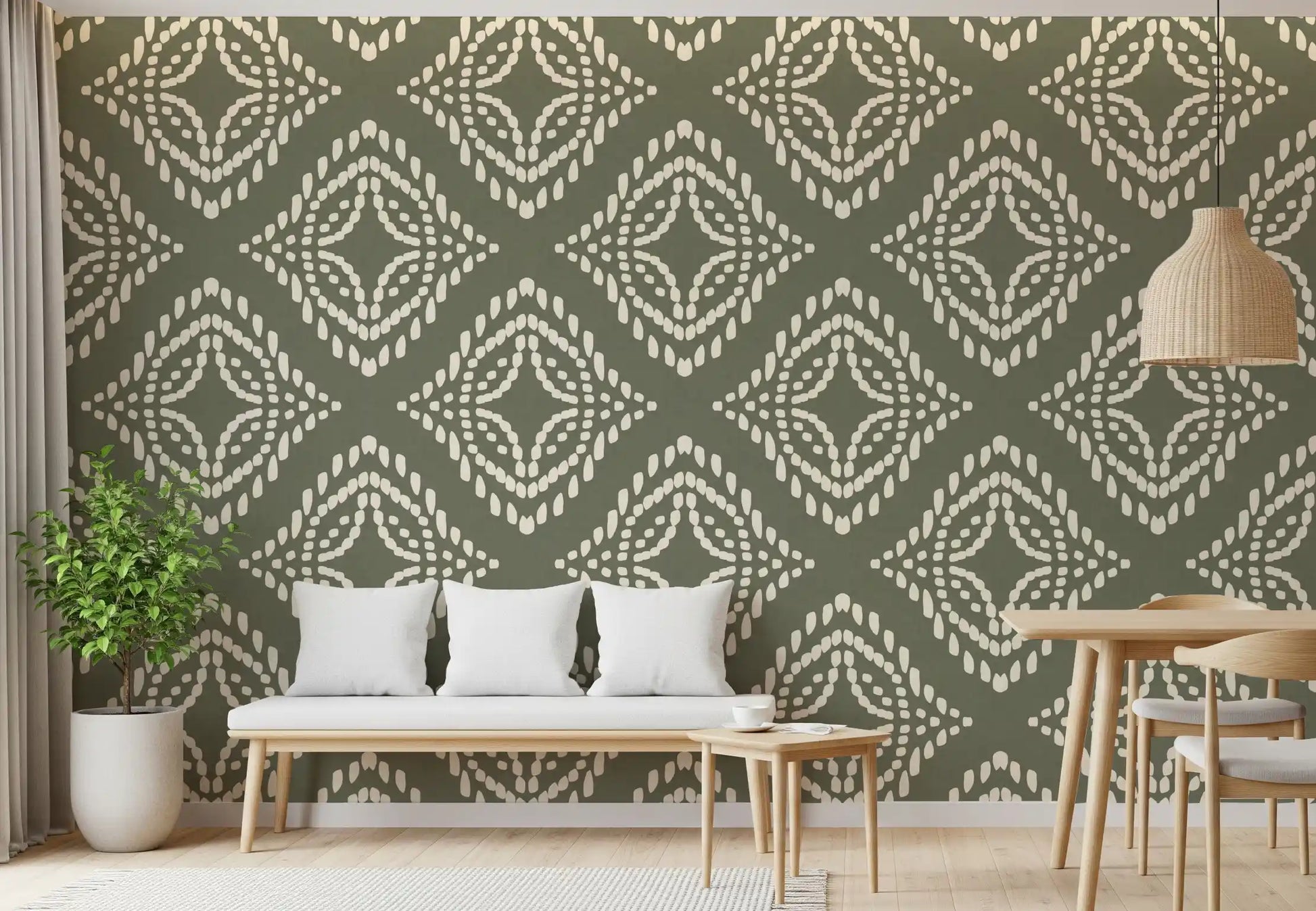 A muted palm green ornament wallpaper frames this open dining room