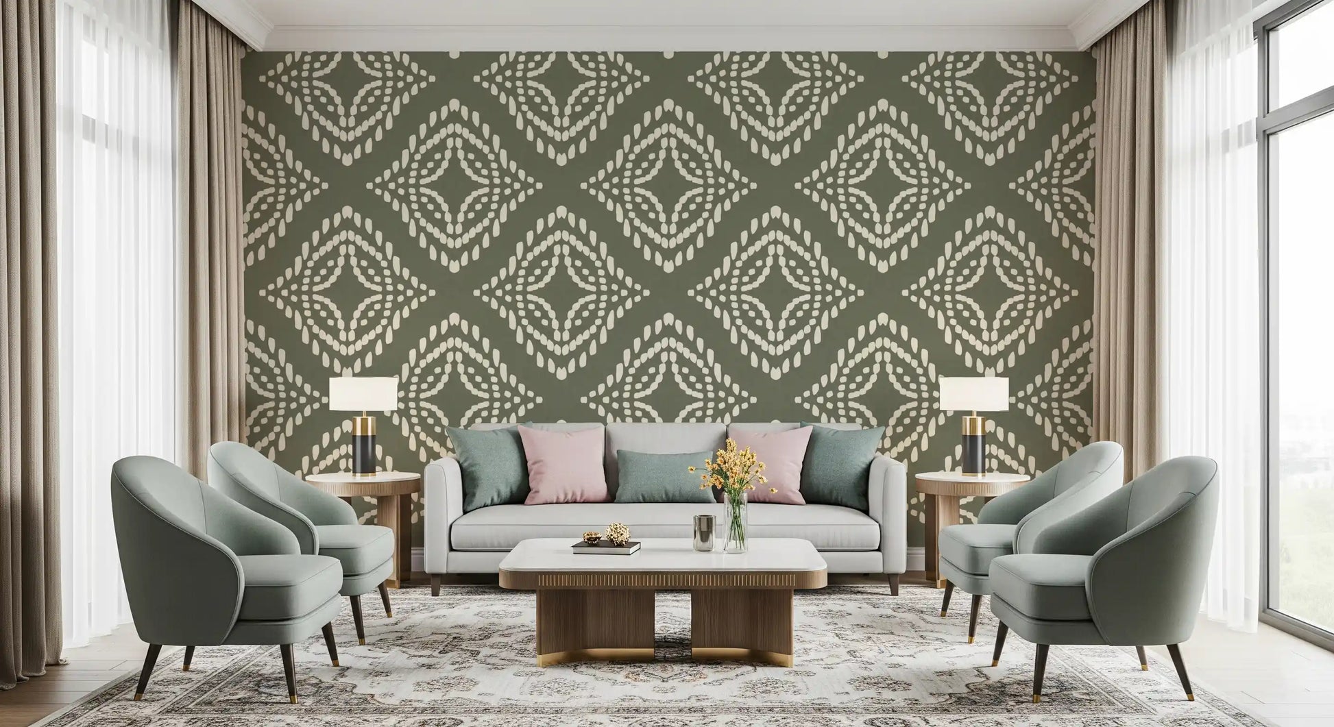 Concentric ivory clusters on palm green wallpaper anchor a cosy lounge