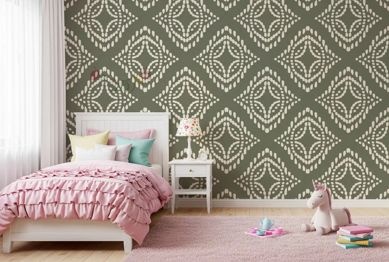 Block Print Ornament Palm Green Canvas Wallpaper⁠
