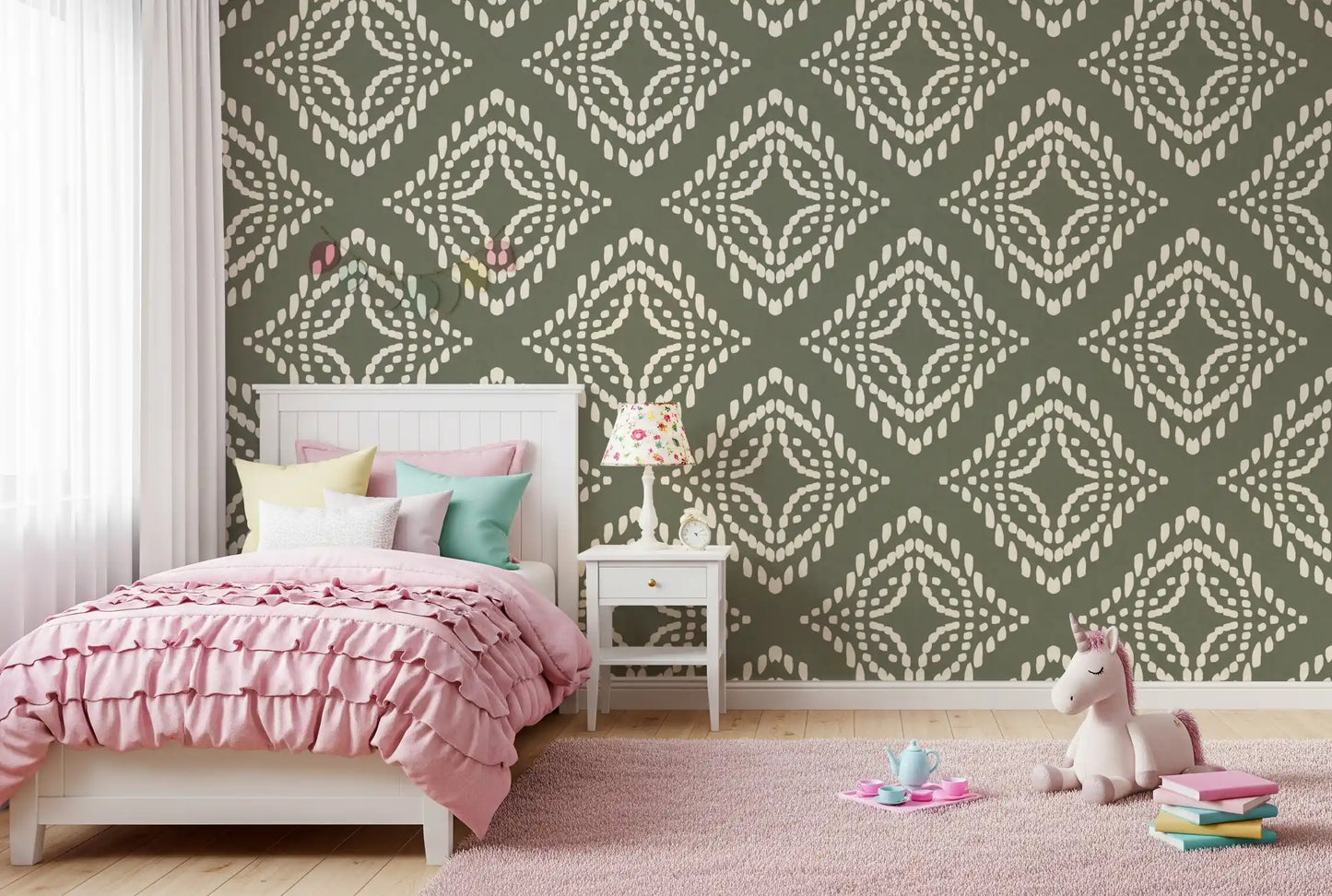 Boho ornament wallpaper in palm green warms up a relaxed kids' room