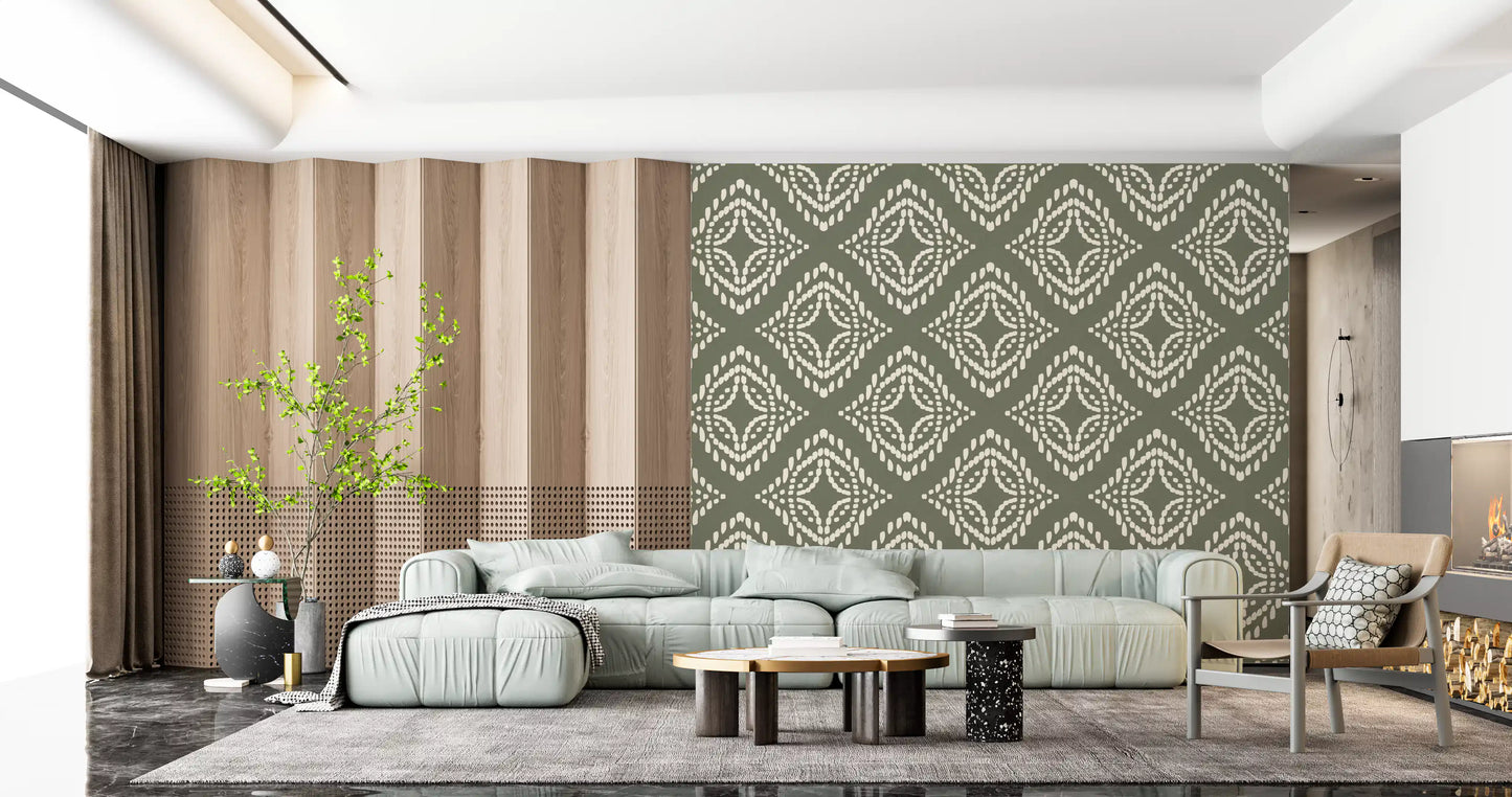Olive-toned ornament wallpaper gives this Living room a grounded look