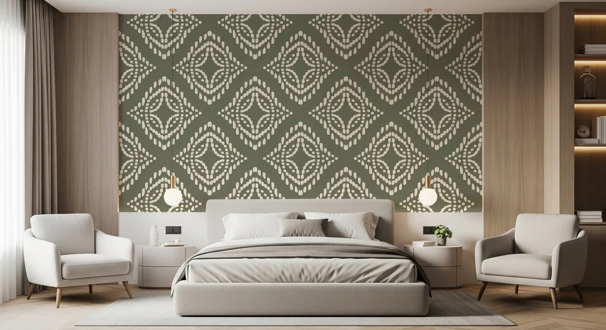 Ivory stippled marks form concentric diamonds on this palm green wallpaper
