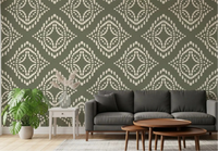 Palm green block ornament wallpaper sets a calm tone in this living room