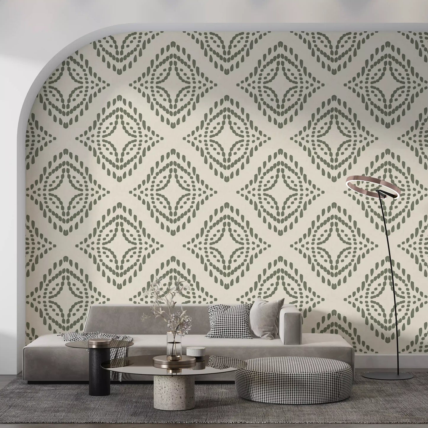 Boho ornament rhythm keeps a lounge feeling grounded with palm green wallpaper