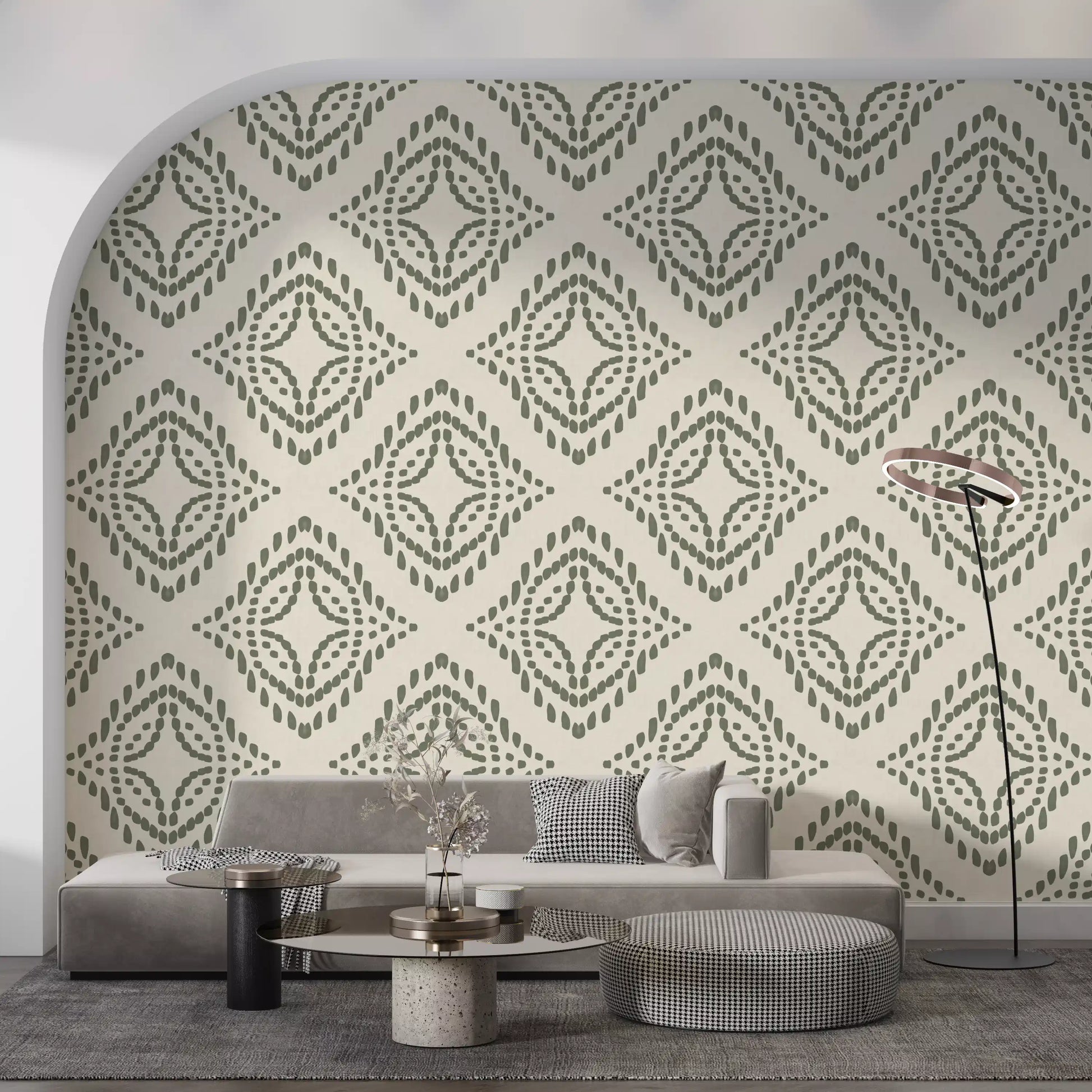 Boho ornament rhythm keeps a lounge feeling grounded with palm green wallpaper