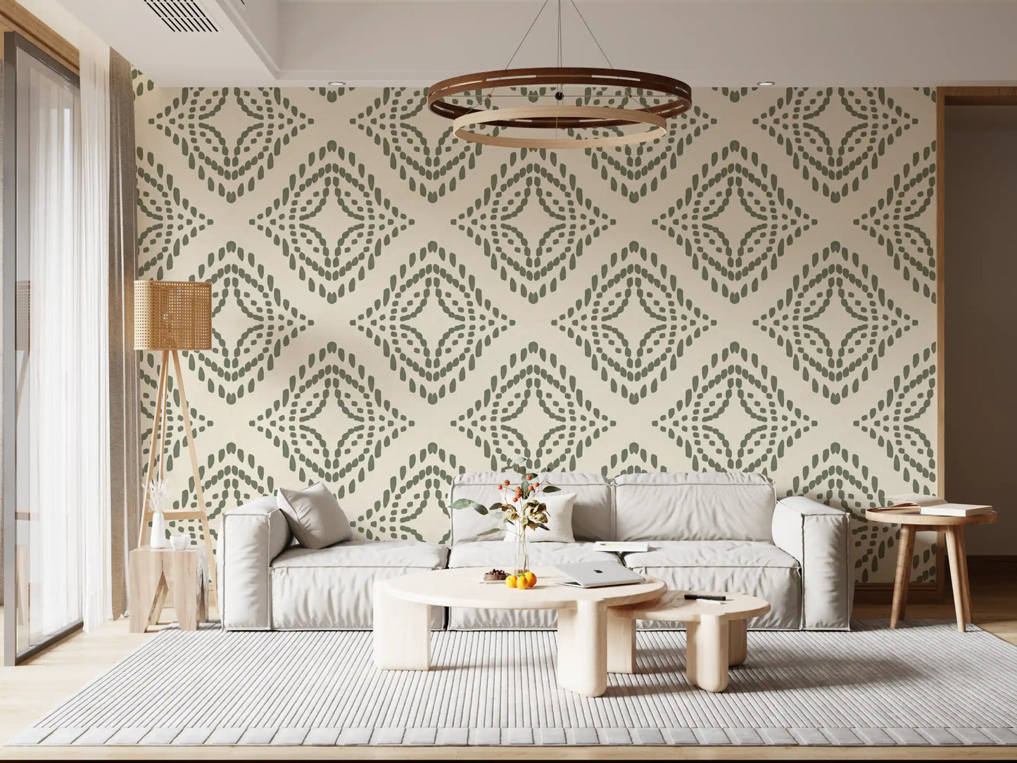 Muted palm green against warm cream gives this ornament wallpaper a boho character