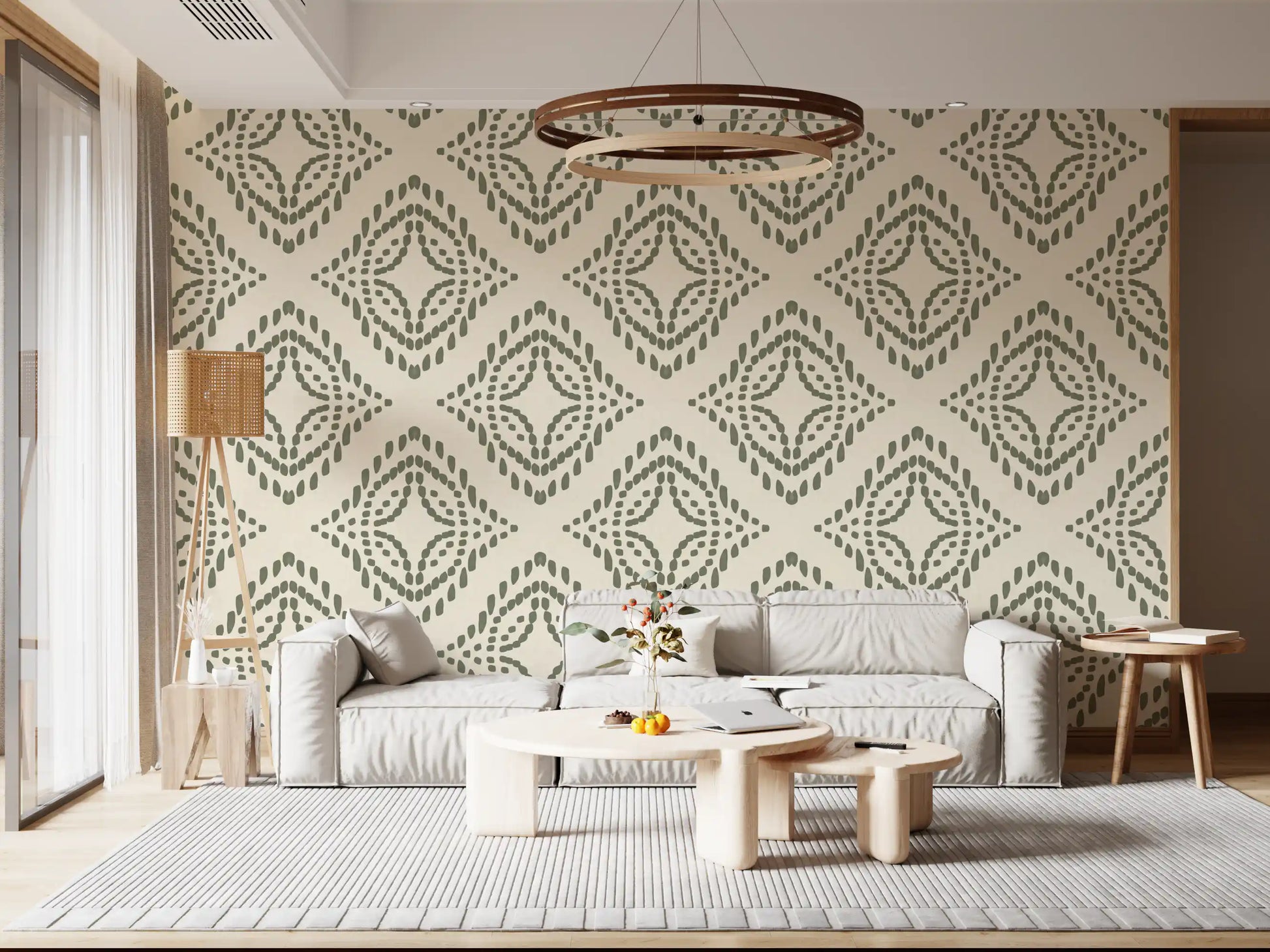 Muted palm green against warm cream gives this ornament wallpaper a boho character
