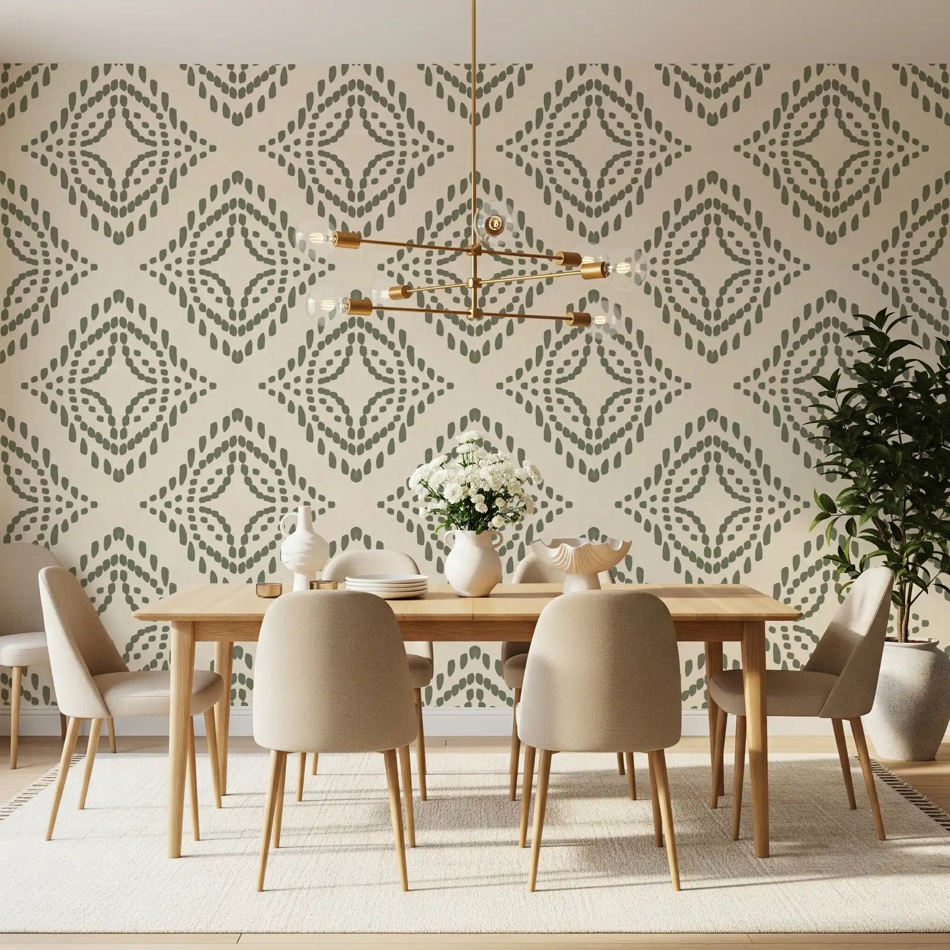 Cream linen ground lifts a dining room behind palm green block ornament wallpaper
