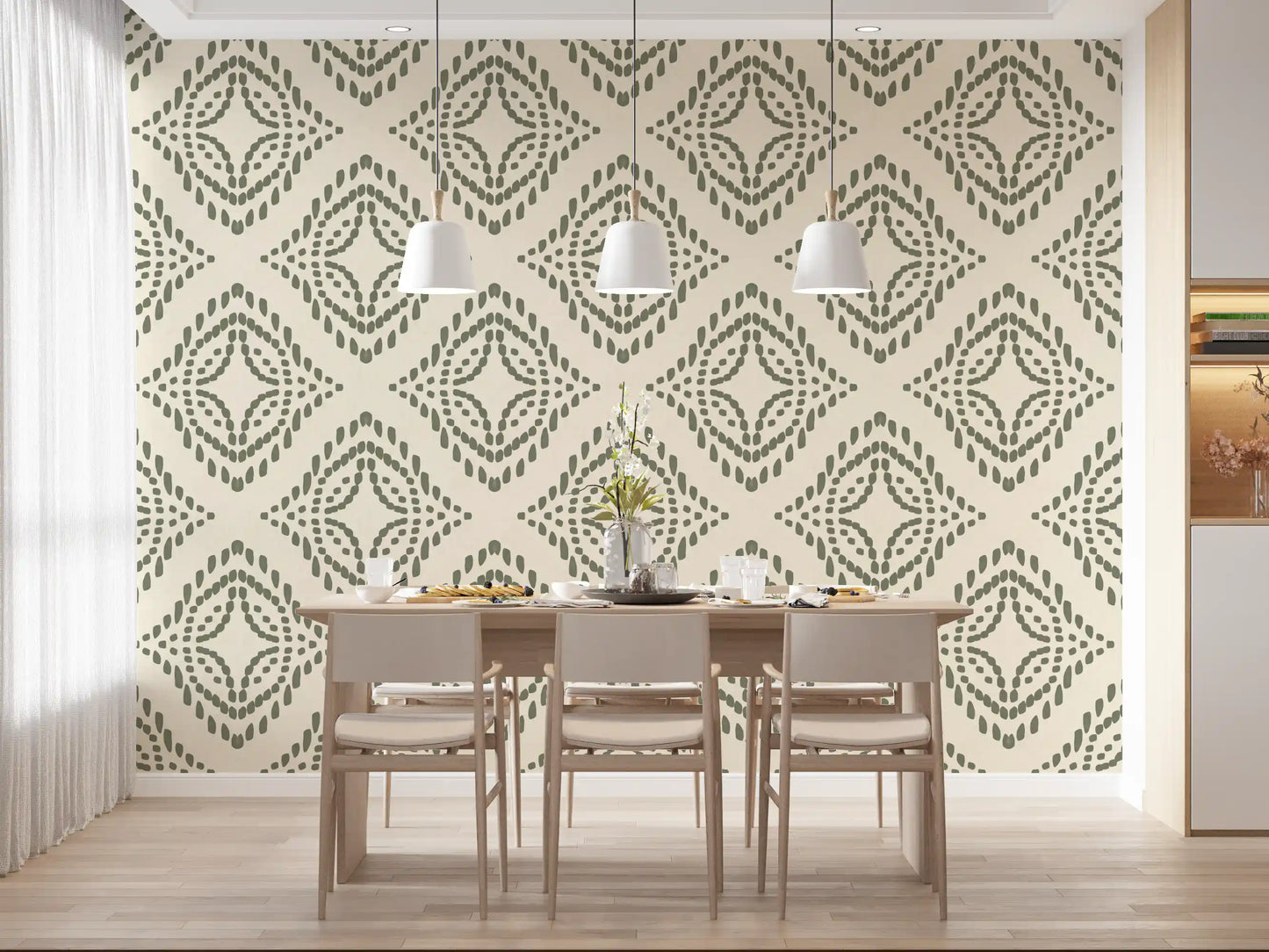Detail view of green brush-like marks forming nested diamond wallpaper shapes