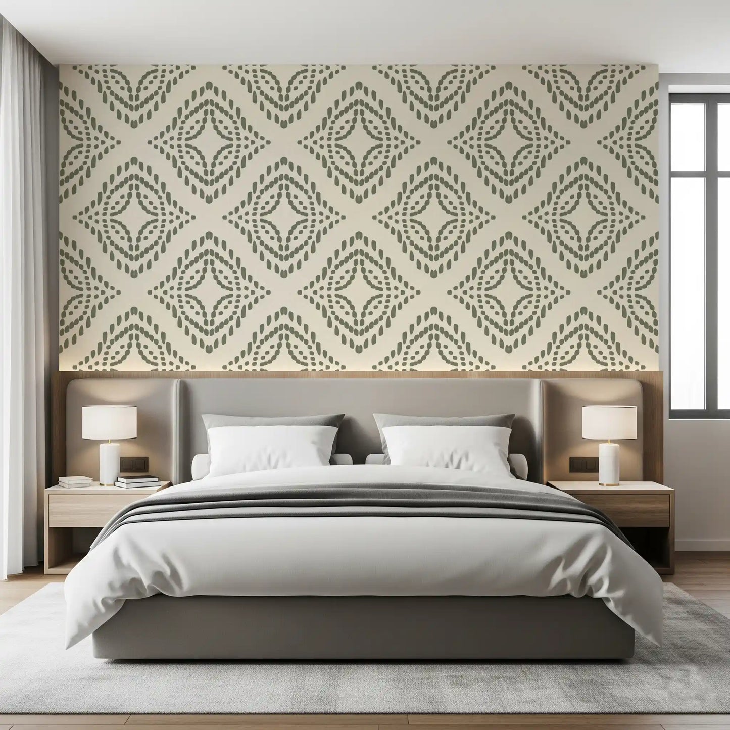 Concentric diamond medallions warm a restful bedroom in this palm green wallpaper