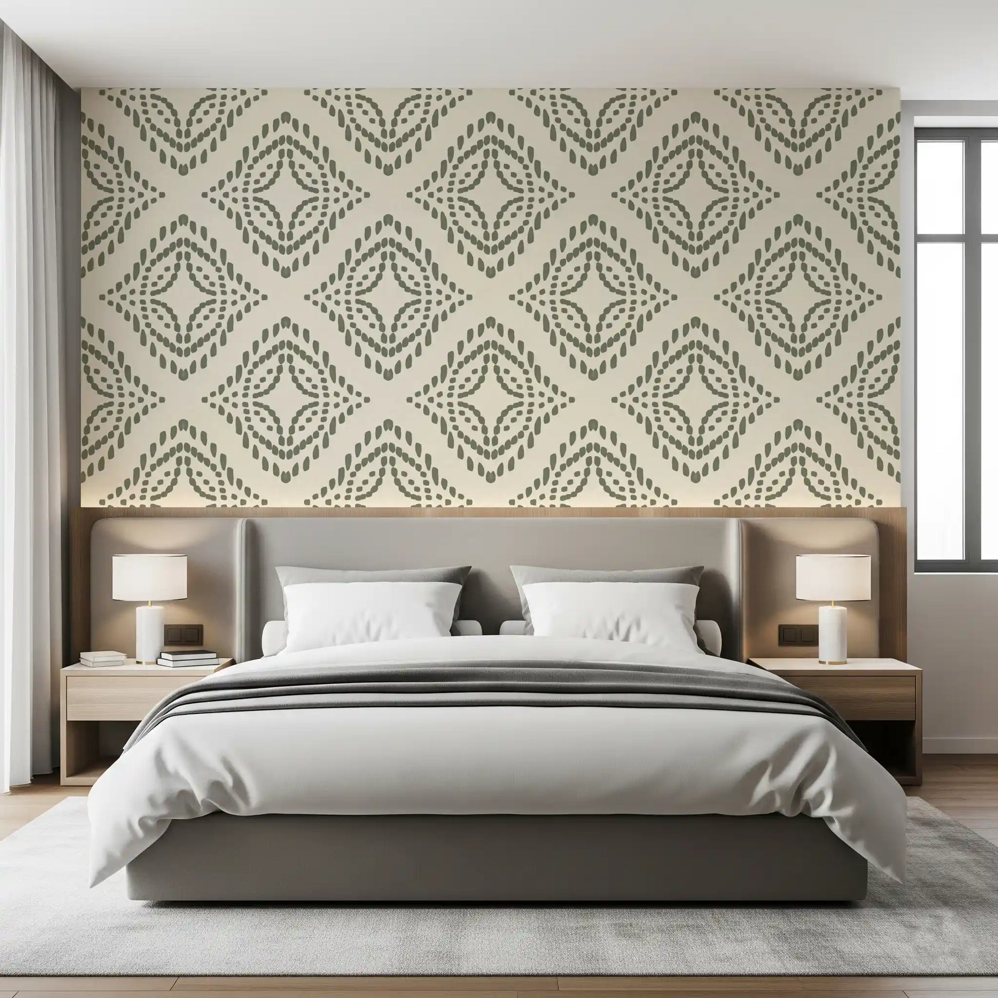 Concentric diamond medallions warm a restful bedroom in this palm green wallpaper