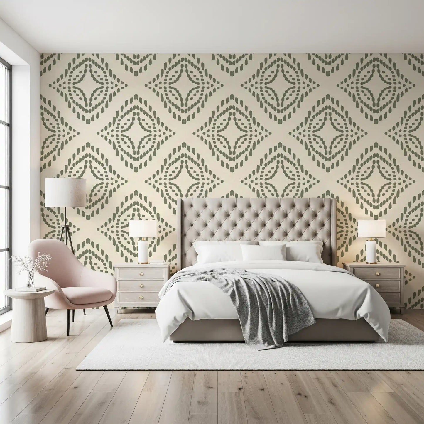 Dotted diamonds ripple outward and steady a calm bedroom in palm green wallpaper