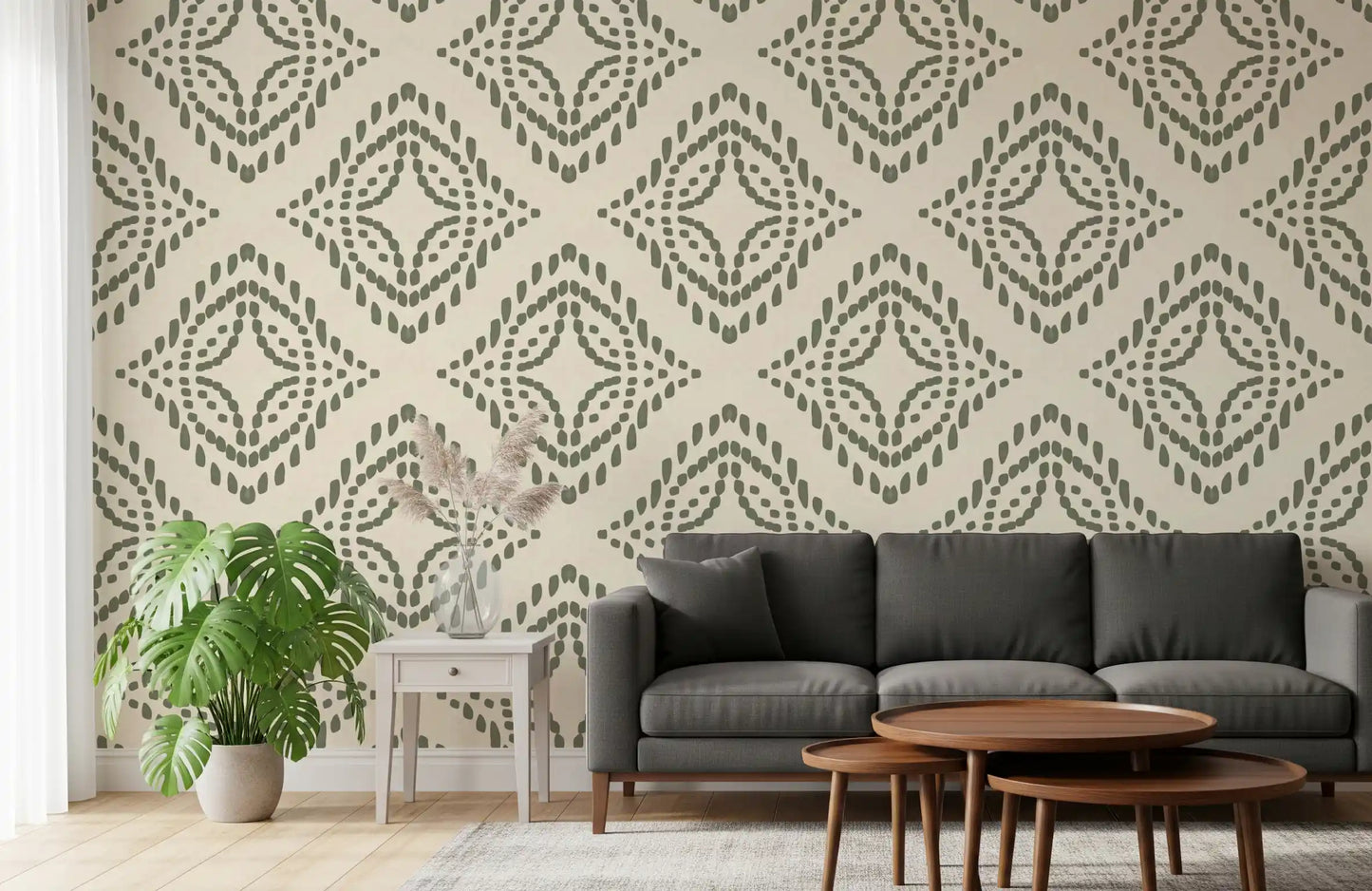Palm green block ornament wallpaper with dotted diamonds on a cream linen ground