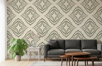 Palm green block ornament wallpaper with dotted diamonds on a cream linen ground