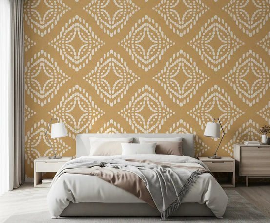 Block Print Ornament Sand wallpaper warming a calm neutral bedroom