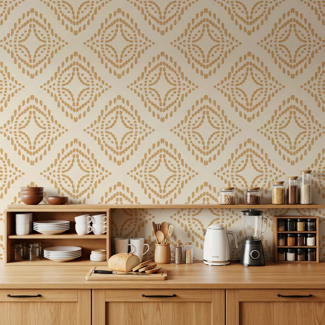 Block print ornament sand wallpaper warms this kitchen with calm dotted diamonds