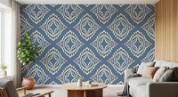 Ivory diamond ornaments give this living room a deep slate blue boho wallpaper