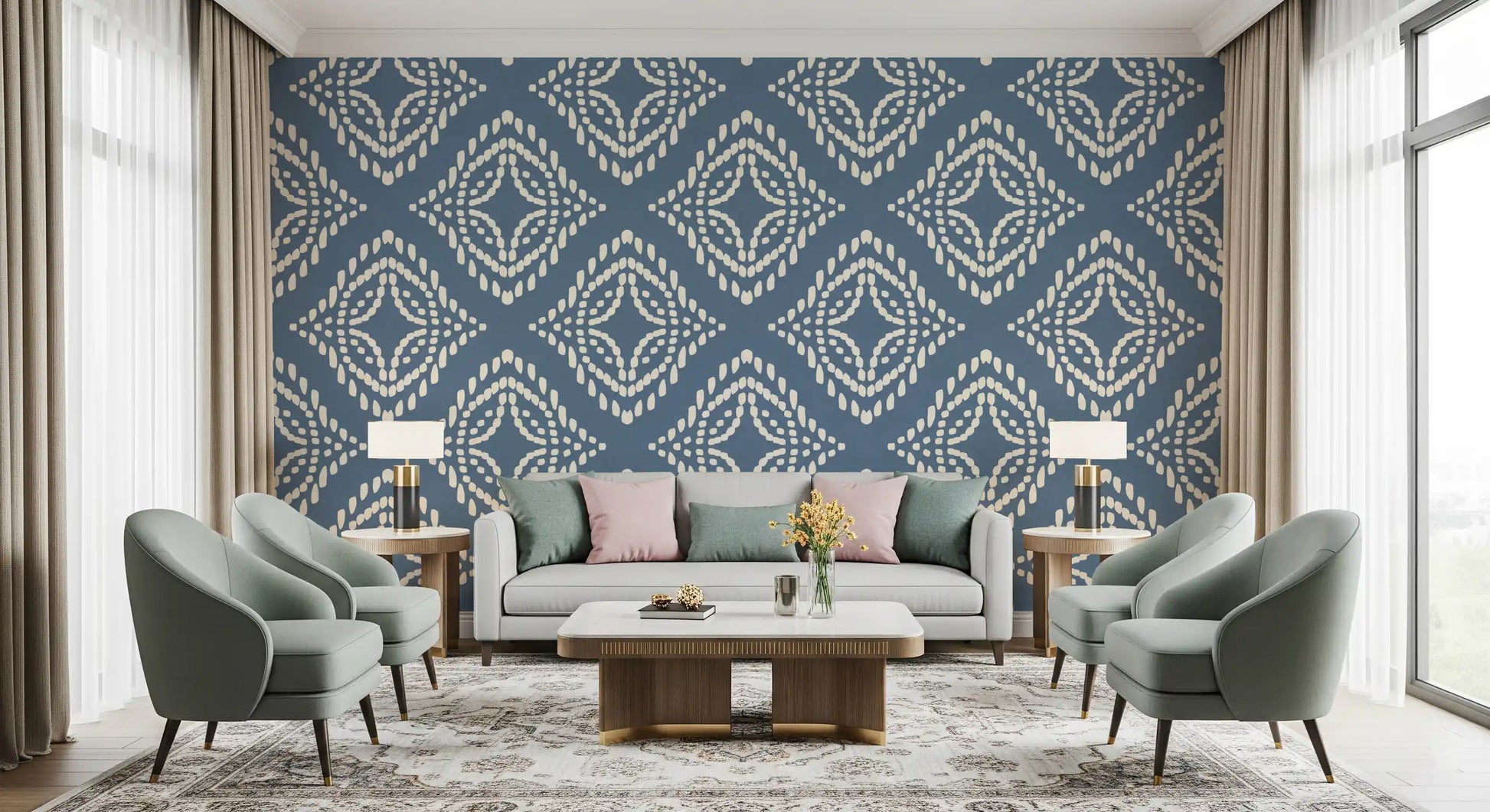 A bold slate blue ornament wallpaper keeps this living room grounded and calm
