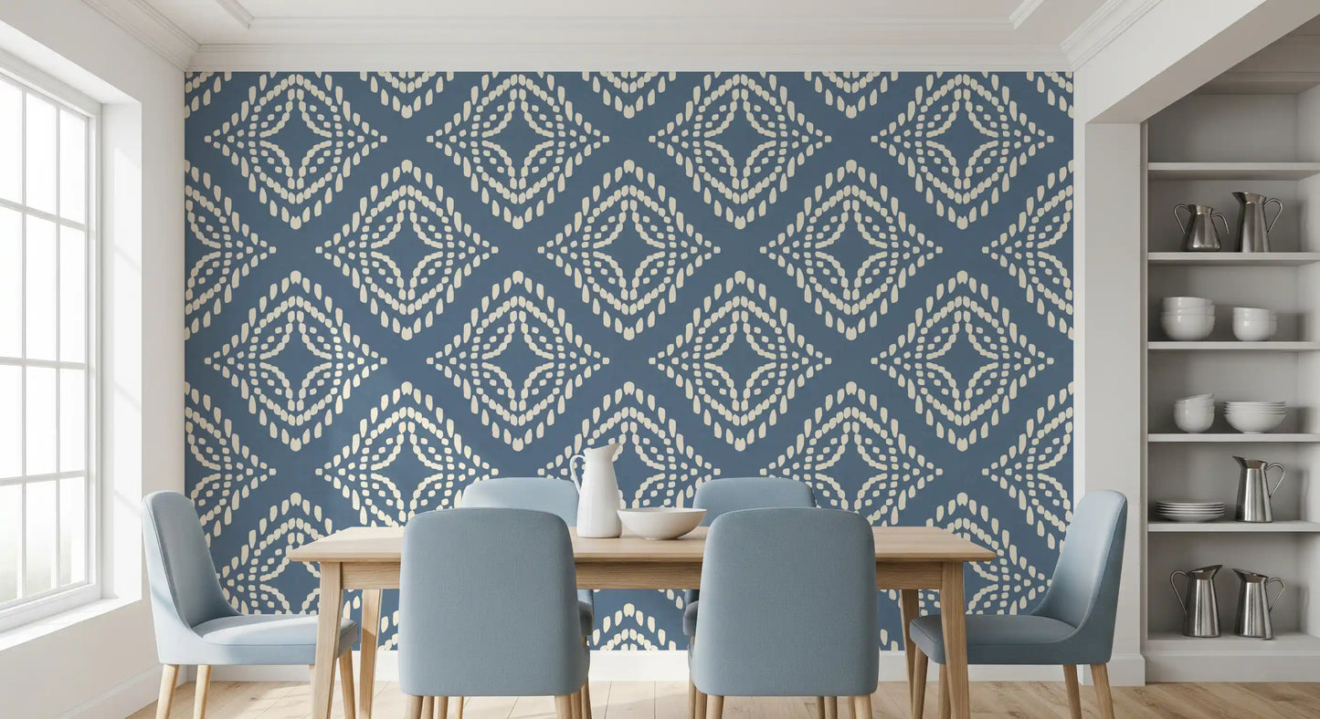 Cream dashes wrap this dining room in a moody block print canvas wallpaper