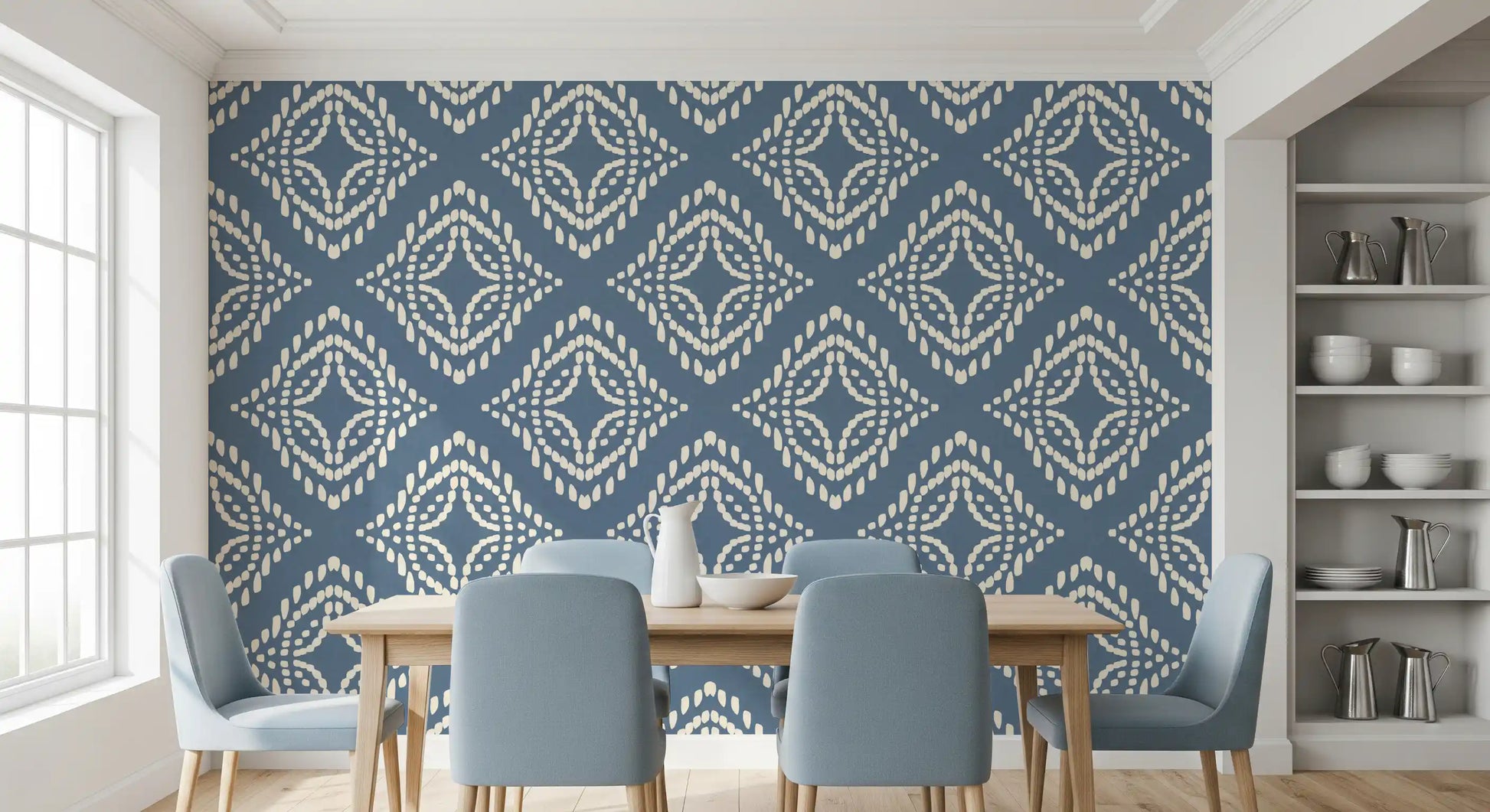 Cream dashes wrap this dining room in a moody block print canvas wallpaper