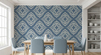 Cream dashes wrap this dining room in a moody block print canvas wallpaper
