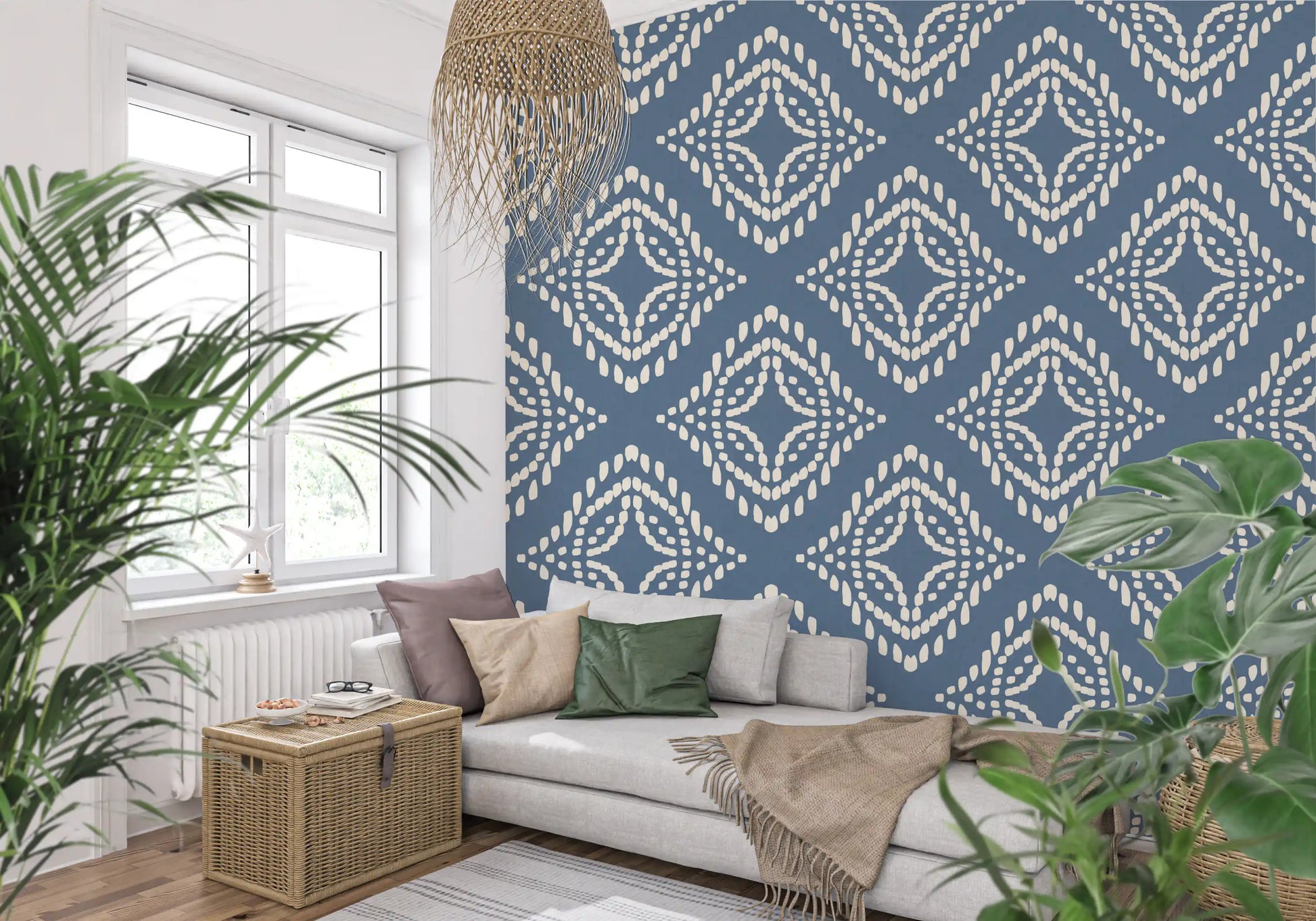Deep and characterful, this living room wears slate blue ornament wallpaper