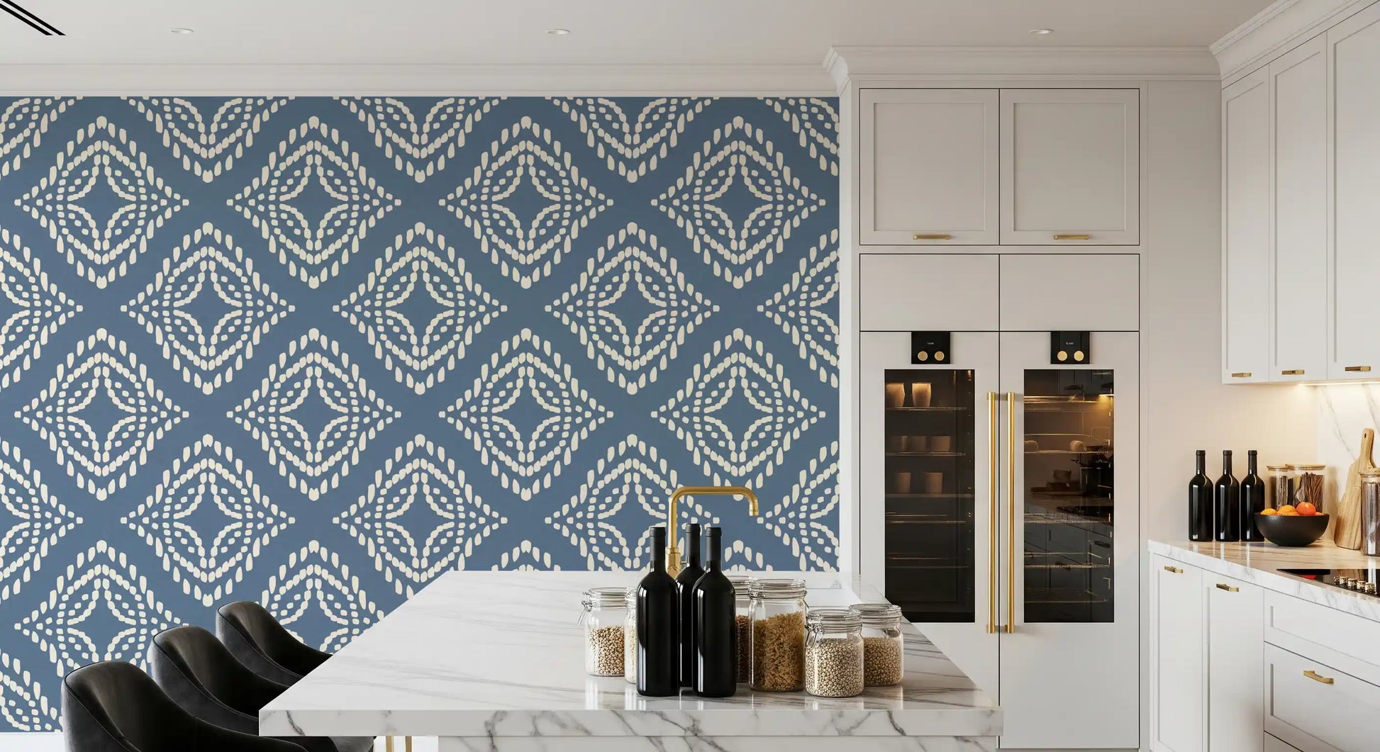 Block print ornament slate blue canvas wallpaper showing ivory concentric diamonds