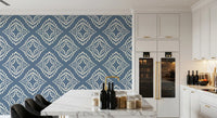 Block print ornament slate blue canvas wallpaper showing ivory concentric diamonds