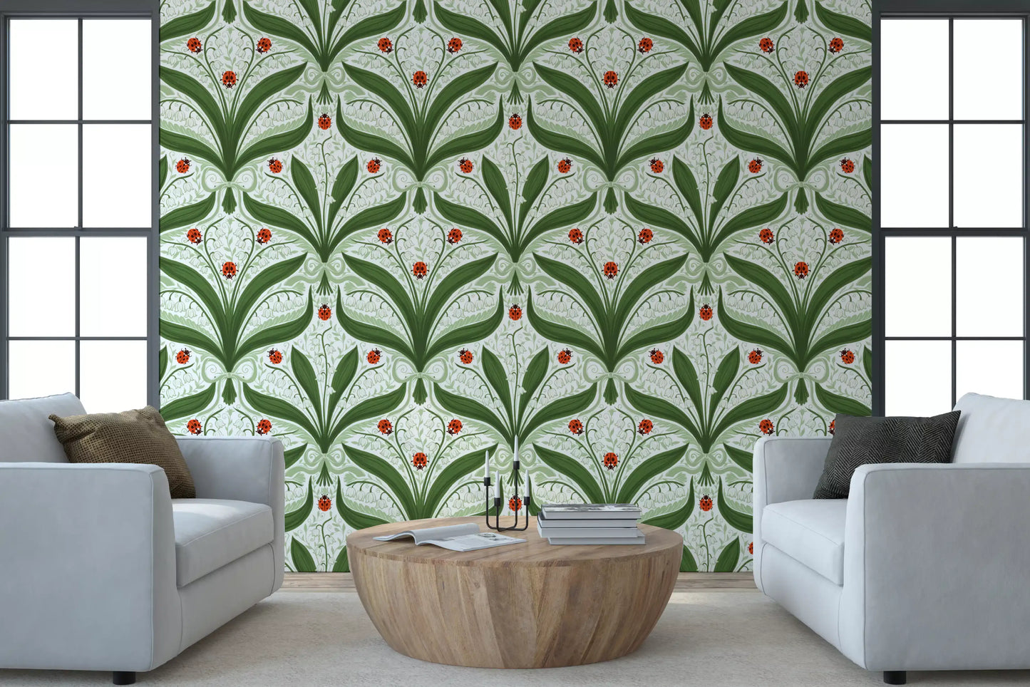 Lily of the valley wallpaper with red ladybugs on a crisp white ground