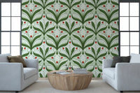Lily of the valley wallpaper with red ladybugs on a crisp white ground
