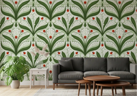 Lily of the valley ladybug wallpaper brightens a calm living room