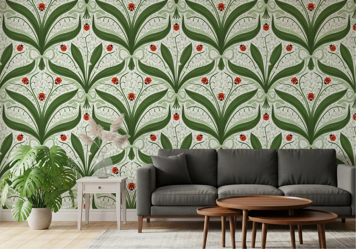 Lily of the valley ladybug wallpaper brightens a calm living room