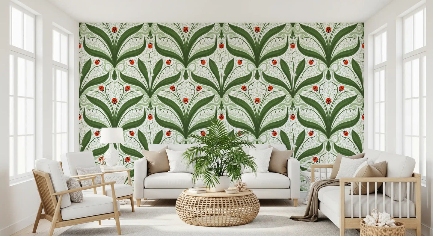 Green and white lily of the valley wallpaper freshens a Living room