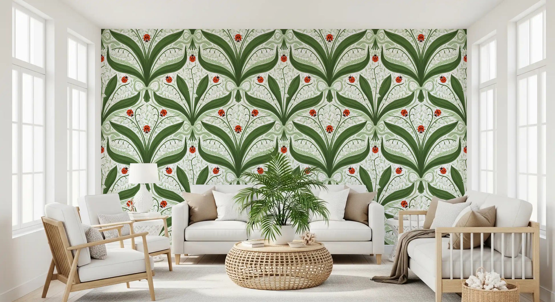Green and white lily of the valley wallpaper freshens a Living room