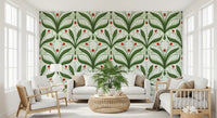 Green and white lily of the valley wallpaper freshens a Living room