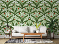 Cool green, crisp white and bright red balance the symmetrical lily wallpaper