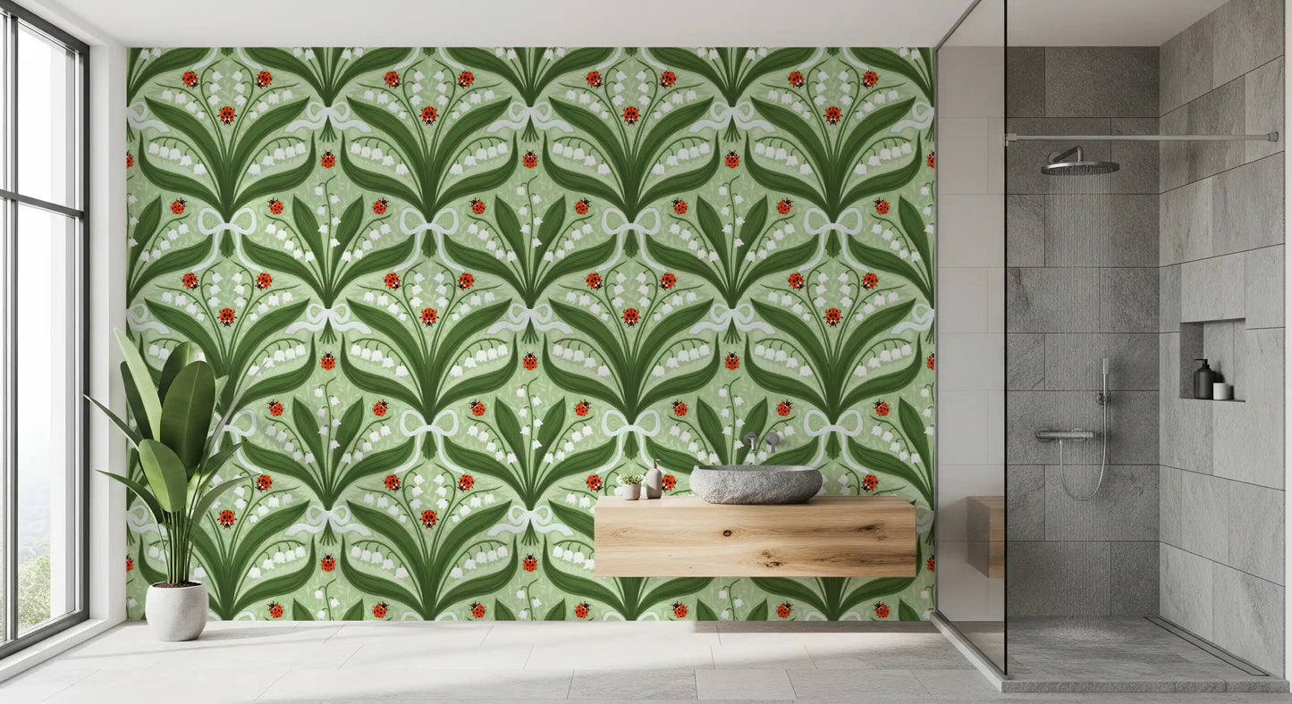 Mirrored stems climb beside a narrow Bathroom in lily and ladybug wallpaper